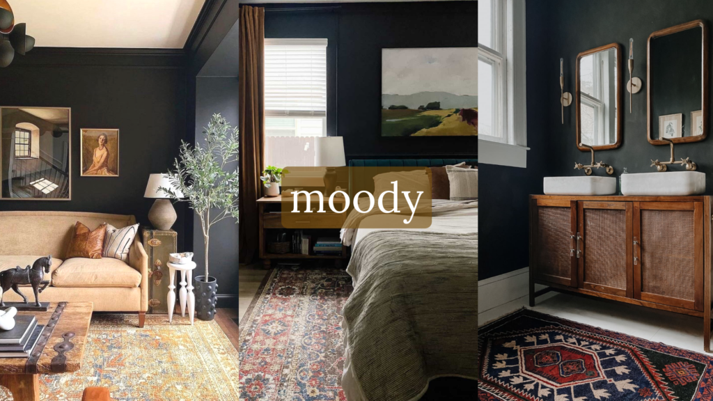 dark interior design of a house, black walls, dark furniture, moody aesthetic