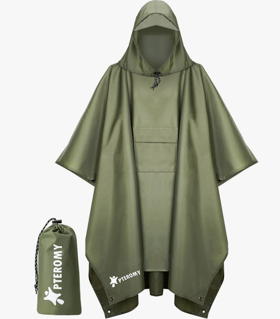 green reusable rain poncho for traveling that comes with a pouch for easy transport