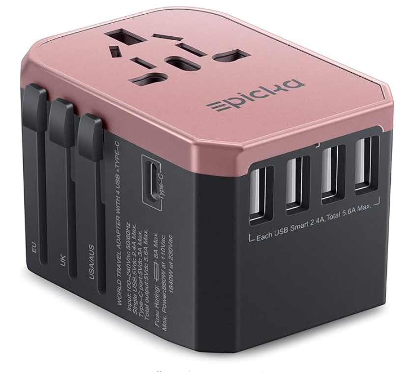 universal plug adapter for every country, that charges 6 devices at once.
